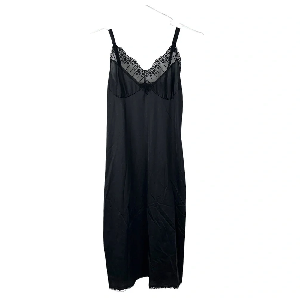 Vintage Black 100% Nylon with Floral V Neck Trim Slip Dress - Picture 5 of 12